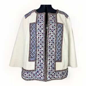 CHICOS Size 3 16/18 Cotton White Beads Sequins Embroidered Open Quilt Jacket